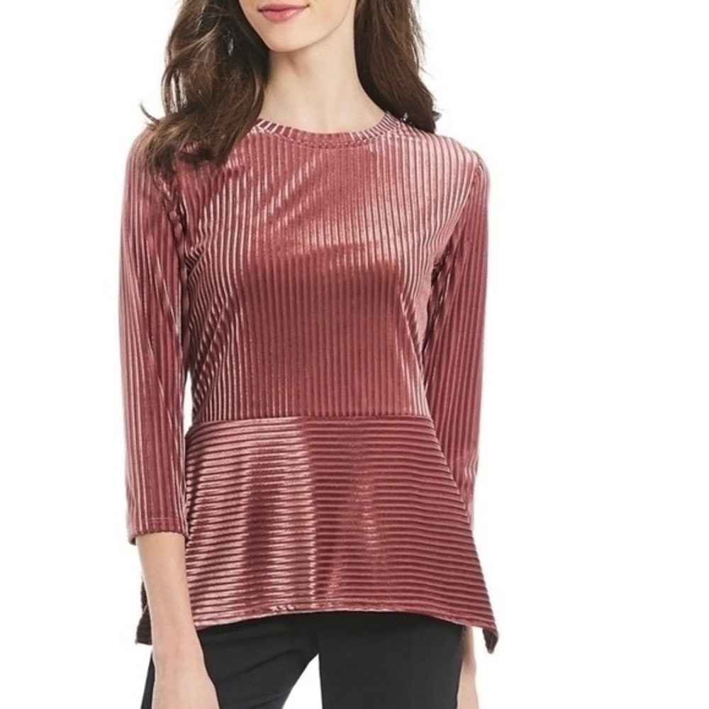 IVANKA TRUMP Velvet Ribbed Peplum‎ Top Rose Gold 3/4 Sleeve Women's Size L